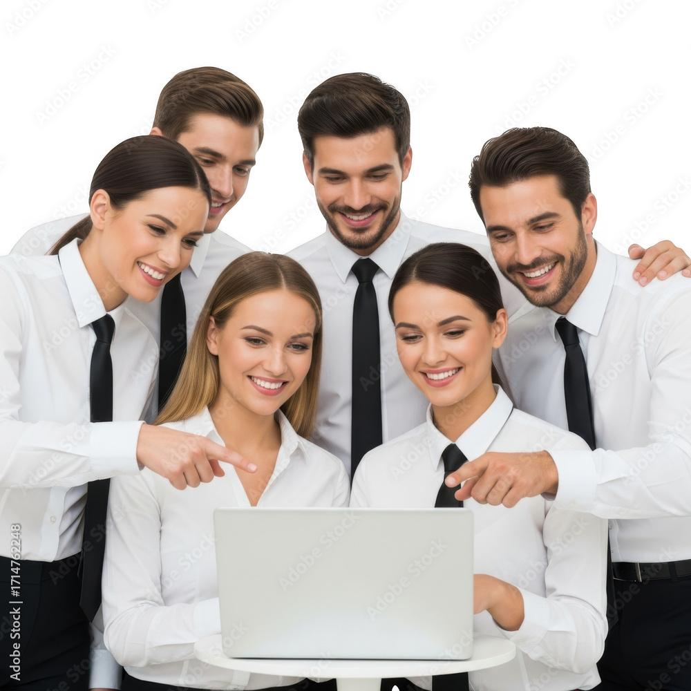 Fototapeta premium A diverse group of professionals collaborating enthusiastically around a laptop sharing ideas and success isolated on transparent background