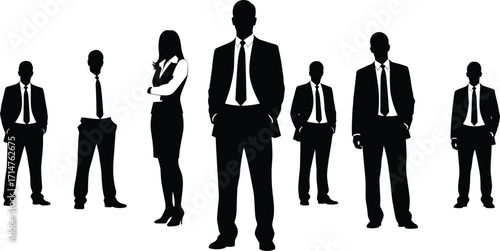 Business professionals silhouette, standing pose, formal attire, corporate culture, diversity, teamwork, male and female figures, office people, professional posture