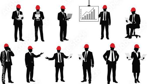 Business professionals with safety helmets, corporate safety, industrial management, teamwork, presentation, mobile communication, silhouette illustration, formal attire, engineering context
