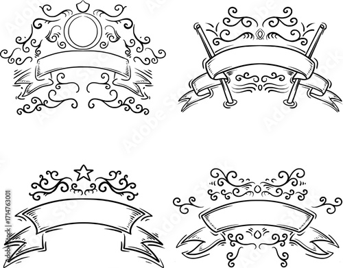 featuring a vintage line art ribbon ornament design