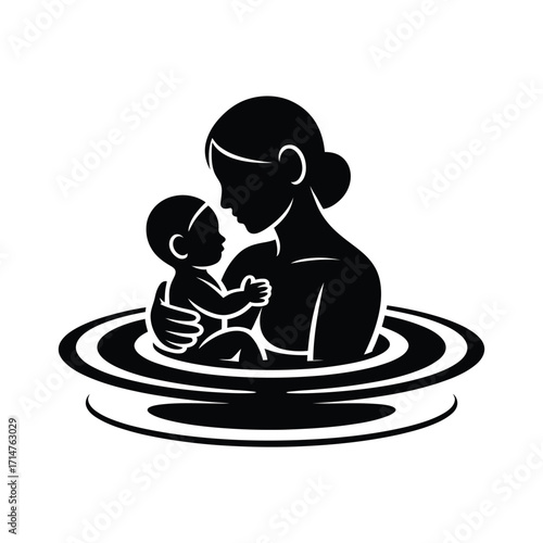 Mother and baby silhouette in water symbolizing nurturing and new life