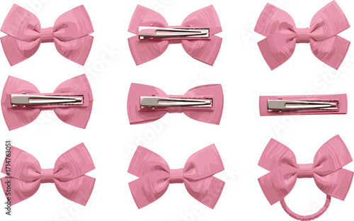 Pink hair bow vector set with various clip types, elastic bands, decorative styles for fashion, crafting, kids accessories, and design