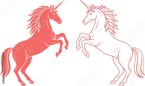 Stylized unicorn vector illustration with coral red fill and outline, symmetrical pose, fantasy animal design for art, decor, and storytelling