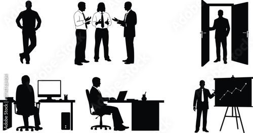 Business silhouettes, teamwork, office workstation, professional meeting, laptop desk, career growth, corporate presentation, workplace transition