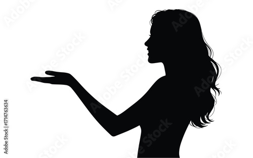 Silhouette of a young woman with long wavy hair offering something with her open hand