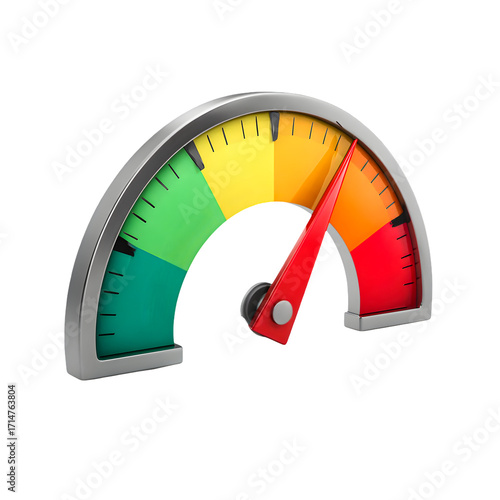 A colorful speed indicator gauge with a red needle pointing towards the high end isolated on transparent background