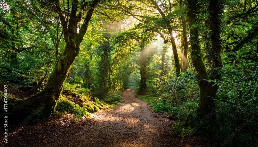 Obraz premium Lush Green Forest Canopy Sunlight Dappled Path