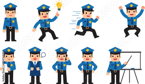 Cartoon police officer in multiple action poses, uniformed character set with gestures, ideas, movement, instructions, vector illustration, isolated on white background