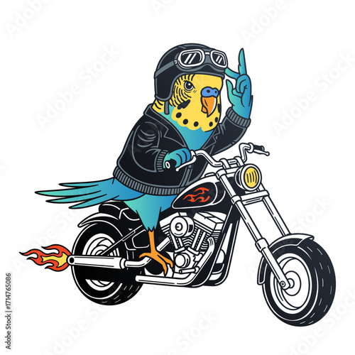 cool budgerigar parrot wearing a leather jacket and helmet riding a motorcycle, with one wing raised in a greeting gesture, funny biker illustration