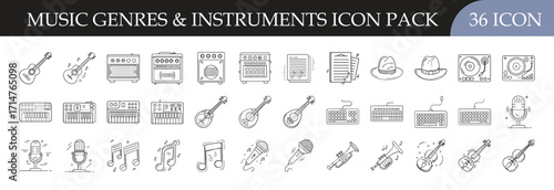 Music Genres and Instruments Outline Icon Pack - Set of 36 line icons featuring musical instruments, notes, records, and genre symbols, perfect for concerts, music apps, and creative projects.
