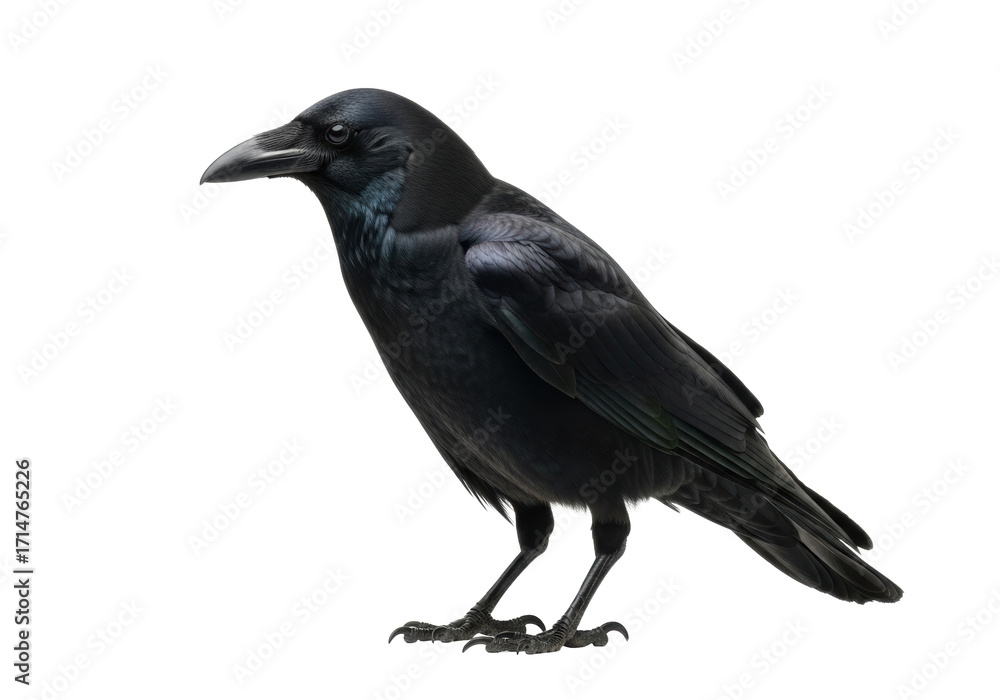 Fototapeta premium Majestic black crow with iridescent plumage, sharp beak, standing poised, head lowered, facing left, isolated on transparent studio background, ample copy space, concept of natural elegance