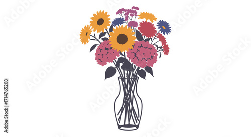 A vibrant bouquet of colorful flowers arranged inside a clear glass vase