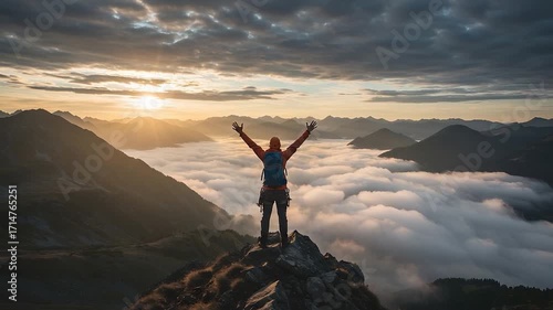 Person standing on mountain peak with arms raised at sunrise above clouds.