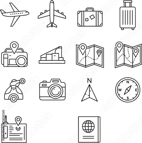 Collection of outline vector icons for travel and tourism, including airplane, luggage, map, passport, camera, compass, and navigation. Perfect for web, apps, infographics, and design projects.