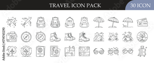 Travel and Adventure Line Icons Set - Collection of 30 outline icons featuring travel gear, luggage, maps, passport, camera, beach, hiking, and adventure essentials for design projects.
