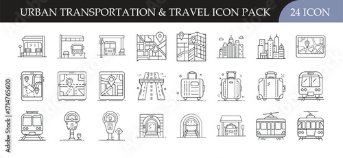 Urban Transportation and City Travel Outline Icon Pack - Set of 24 line icons illustrating city buildings, maps, luggage, metro, buses, and trams, perfect for urban travel and transportation projects.