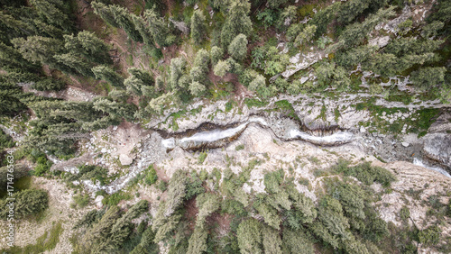 The aerial view of Barskoon Waterfall in Kyrgyzstan