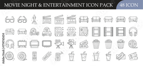 Movie Night and Entertainment Outline Icon Set - Collection of 48 line icons representing cinema, popcorn, film reels, drinks, tickets, and home theater, perfect for entertainment design projects.

