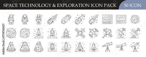 Space Technology and Exploration Line Icons Pack - Collection of 30 outline icons featuring astronauts, rockets, satellites, planets, telescopes, and space exploration technology for science