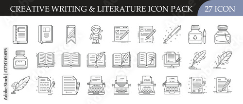 Creative Writing and Literature Line Icons Pack - Collection of 27 outline icons featuring books, pens, ink, typewriters, manuscripts, and creative writing elements for literature and storytelling