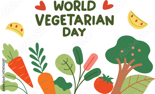 Vector illustration of World Vegetarian Day text for cards, stickers, for any type of artworks like banners and posters. Hand drawn calligraphy, lettering, typography for the holiday events.