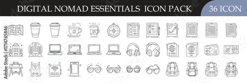 Digital Nomad Essentials Line Icons Collection - Set of 36 outline icons illustrating digital nomad lifestyle, remote work, travel gear, technology, workspace tools, and modern freelancing essentials.