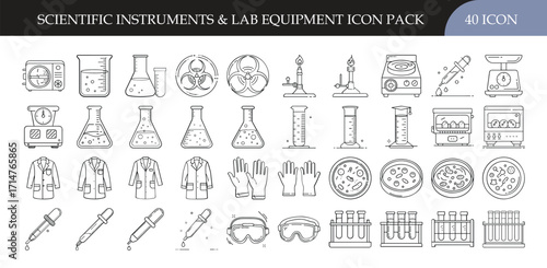 Scientific Instruments and Laboratory Equipment Icon Set - Collection of 40 outline icons featuring lab tools, glassware, protective gear, and scientific instruments, ideal for research, chemistry