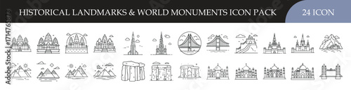 Historical Landmarks and World Monuments Icon Set - Collection of 20 outline icons representing famous landmarks, monuments, cultural heritage, architecture, and global travel destinations for design 