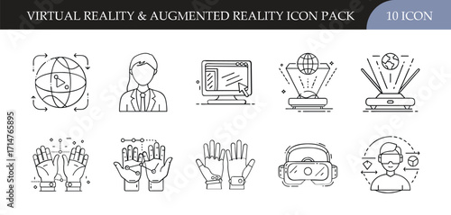 Virtual and Augmented Reality Line Icons Pack - Set of 10 modern line icons representing VR, AR, holograms, headsets, immersive experiences, interactive technology, and digital innovation.
