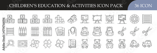 Children’s Education and Activities Outline Icon Pack - Set of 36 simple line icons representing children’s learning, play, school, and creative activities for educational materials and designs.
