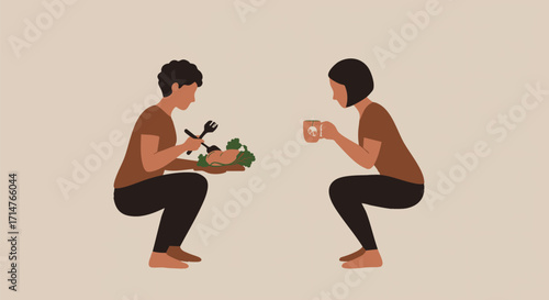 Mindful Morning Two Individuals Preparing Food and Enjoying a Beverage