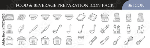 Food and Beverage Preparation Line Icon Collection - Set of 36 outline icons showing kitchen tools, cookware, utensils, and ingredients for cooking, dining, and beverage preparation design projects.
