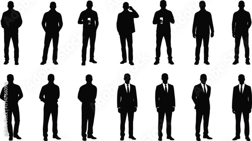 Male silhouette poses, casual and formal attire, business fashion, body language, character design, standing figures, posture variety, professional style, gesture icons