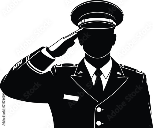 Military officer silhouette saluting in formal uniform, shoulder-up portrait with cap and insignia, vector illustration for respect, discipline, and service themes