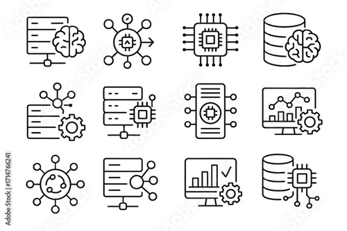 Algorithm ai processing server node database connected vector icons network cognitive icon