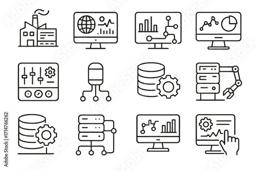 Vector analytics set robotic industrial manufacturing connected unit production console icon maintenance
