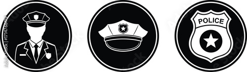 Police icon set with officer silhouette, badge, and hat symbols, law enforcement elements for signage, identity, vector illustration, isolated background