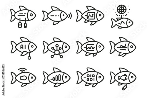 Robot aquatic marine monitoring underwater oceanographic icon vector holographic fish autonomous research