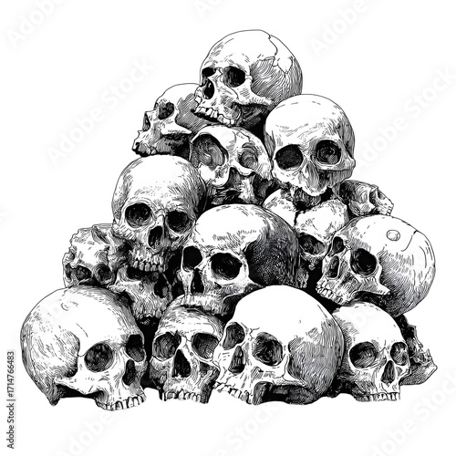 Pile of human skulls isolated on transparent background