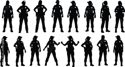 Police officer silhouettes in uniform, sixteen standing poses with diverse gestures and gear, vector illustration for law enforcement, authority, and public safety themes