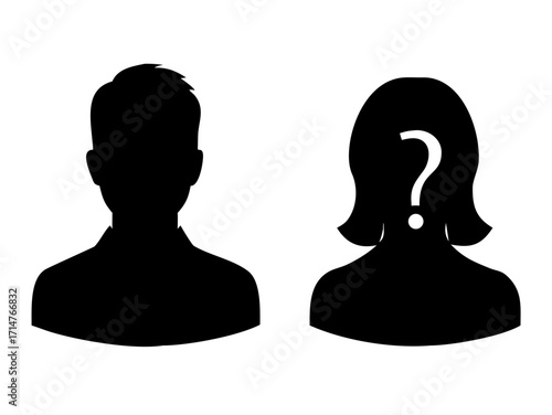 Male and female face silhouette or icon. Man and woman avatar profile. Unknown or anonymous person. Vector illustration.
