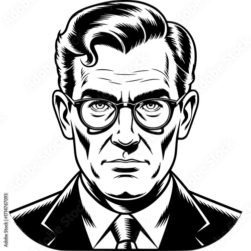 Reflective Portrait of a Thoughtful Man: An exquisite monochrome illustration features a sophisticated gentleman, his serious expression hinting at deep thought, captured through an expert line art.