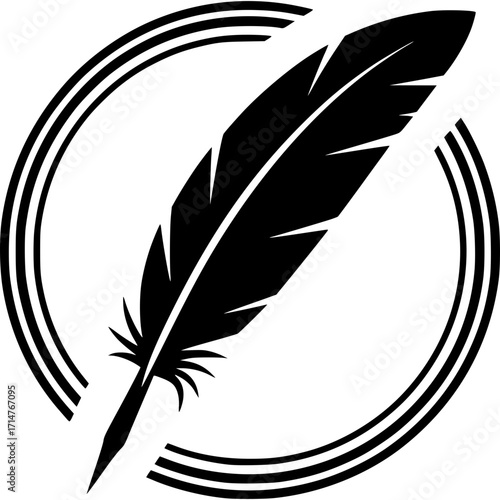 Ink's Whisper: A beautifully detailed and intricately designed black feather, symbolizing creativity and intellect, gracefully nestled within a circular frame, conveying a sense of artistic elegance.