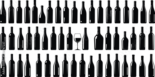 Silhouette bottle grid with hidden wine glass, odd one out concept, visual puzzle, black vector icons, beverage container illustration, minimal design