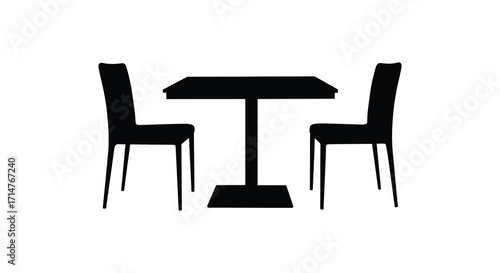Simple black and white illustration of a table and two chairs