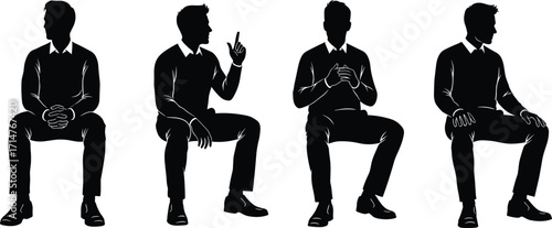 Seated silhouette poses, body language icons, formal sitting gestures, posture analysis, communication cues, business seating, expressive figures