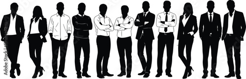 Silhouette business professionals standing in row, corporate team, diverse workforce, formal attire, teamwork concept, black vector illustration, office people icons