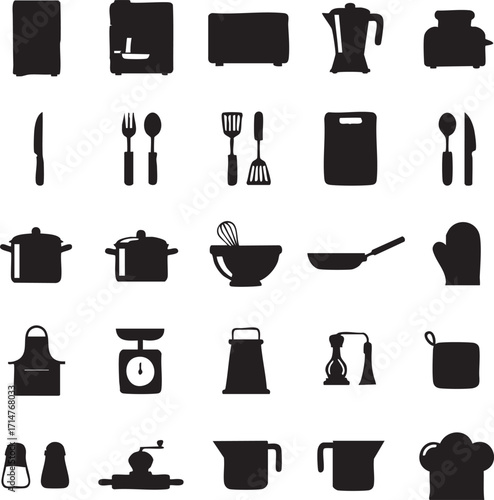 Kitchen and Cooking Utensil Icon Set.