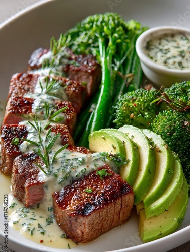 Grilled beef tenderloin with creamy herb sauce and fresh vegetables