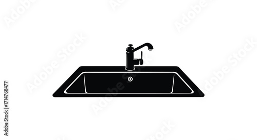 A simple black and white illustration of a kitchen sink and faucet